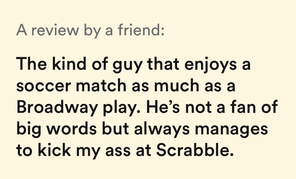 a review by a friend on bumble