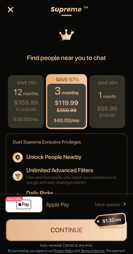 cost of duet dating app